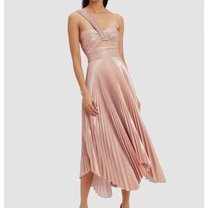 A.L.C. Rose Gold Aurora Pleated One Shoulder Midi Dress